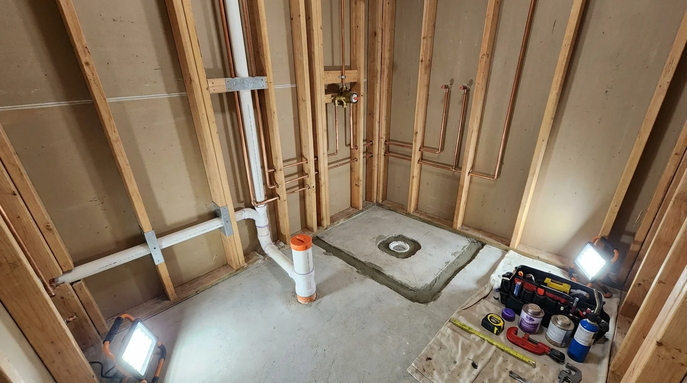Bathroom rough-in plumbing during remodel by Johns Plumbing LLC in Littleton