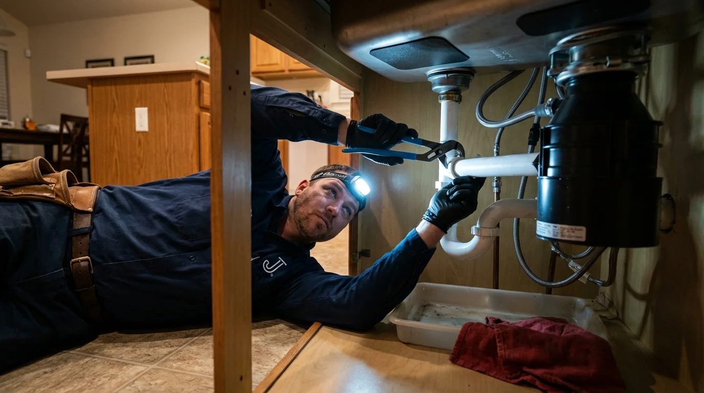 P-trap and supply line connections under a kitchen sink showing a common leak point in Littleton, CO
